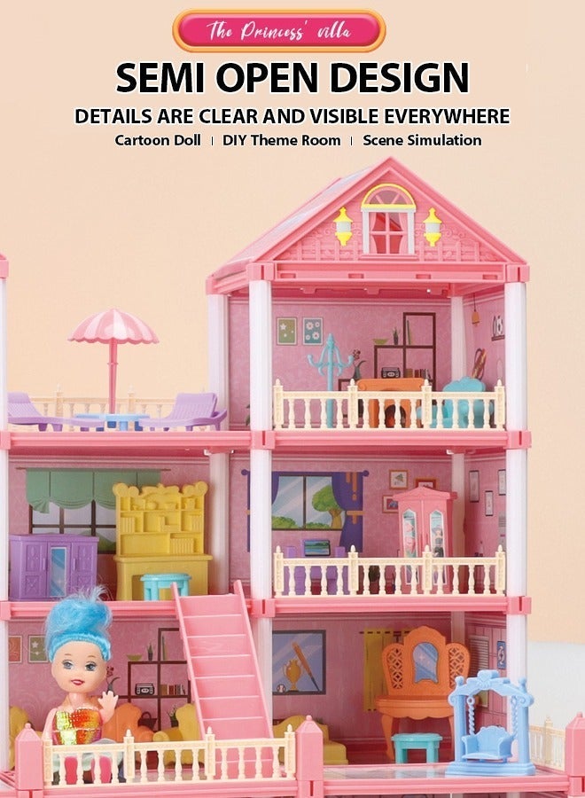 منزل الأميرة الضخم DIY للفتيات، منزل وضع، منزل دمية لعبة، فيلا قلعة، مجموعة لعب بيت الدمية مع 14 غرفة 4 دمى 2 شريط إضاءة ملون مع أضواء لتجميع المطبخ، غرفة النوم، الأثاث، الحديقة، الحيوانات الأليفة DIY بيت الدمية التظاهري للفتيات، فتاة تجميع المنزل، هدية عيد ميلاد. - Image 3